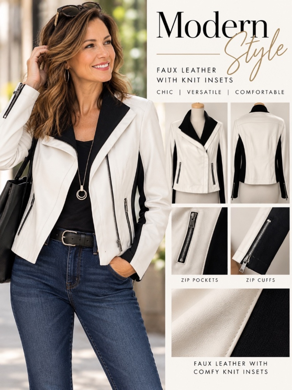 INC International Concepts Black & White Faux Leather Moto Jacket | Size M